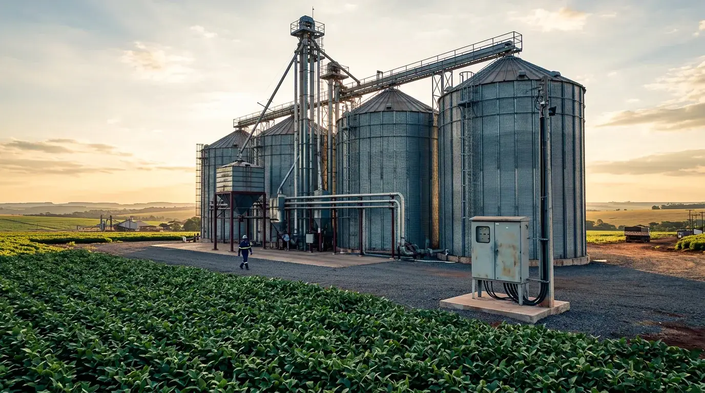 Silos de grãos e elevadores ao pôr do sol, com plantação de soja em primeiro plano