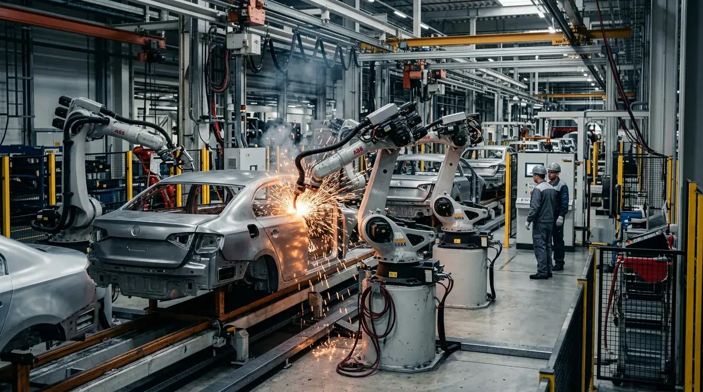 Robôs industriais soldando carrocerias em linha de montagem automotiva