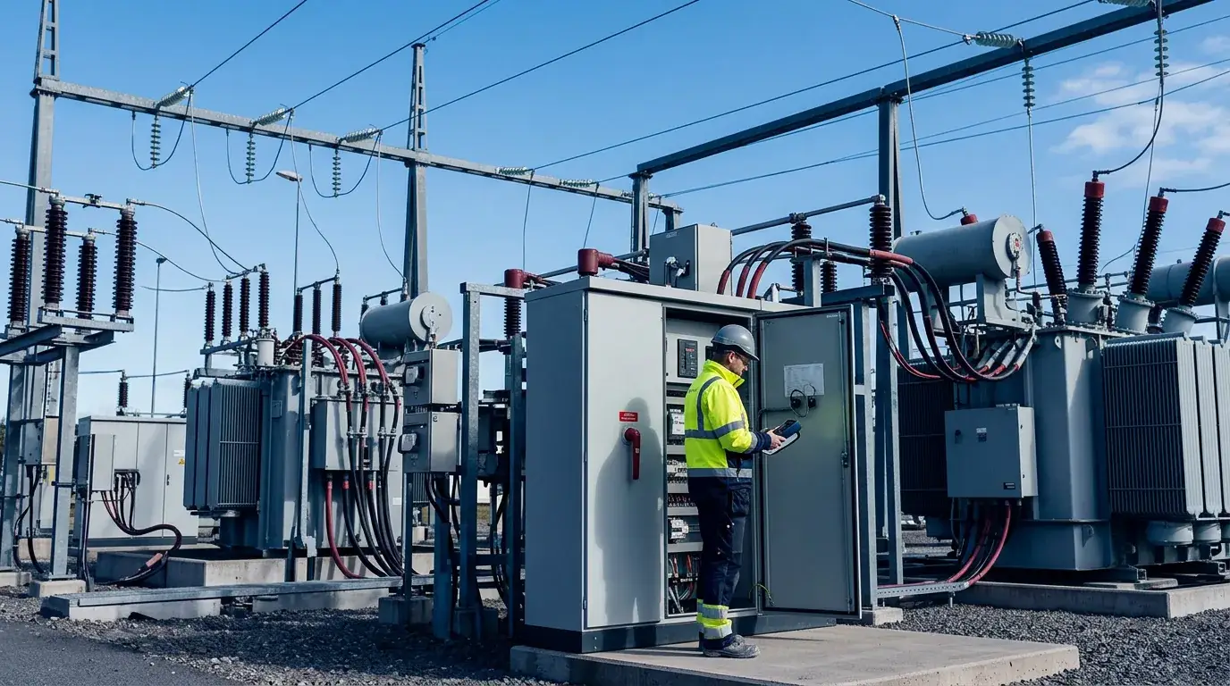 Técnico com equipamento de segurança inspecionando painel de disjuntores em subestação elétrica