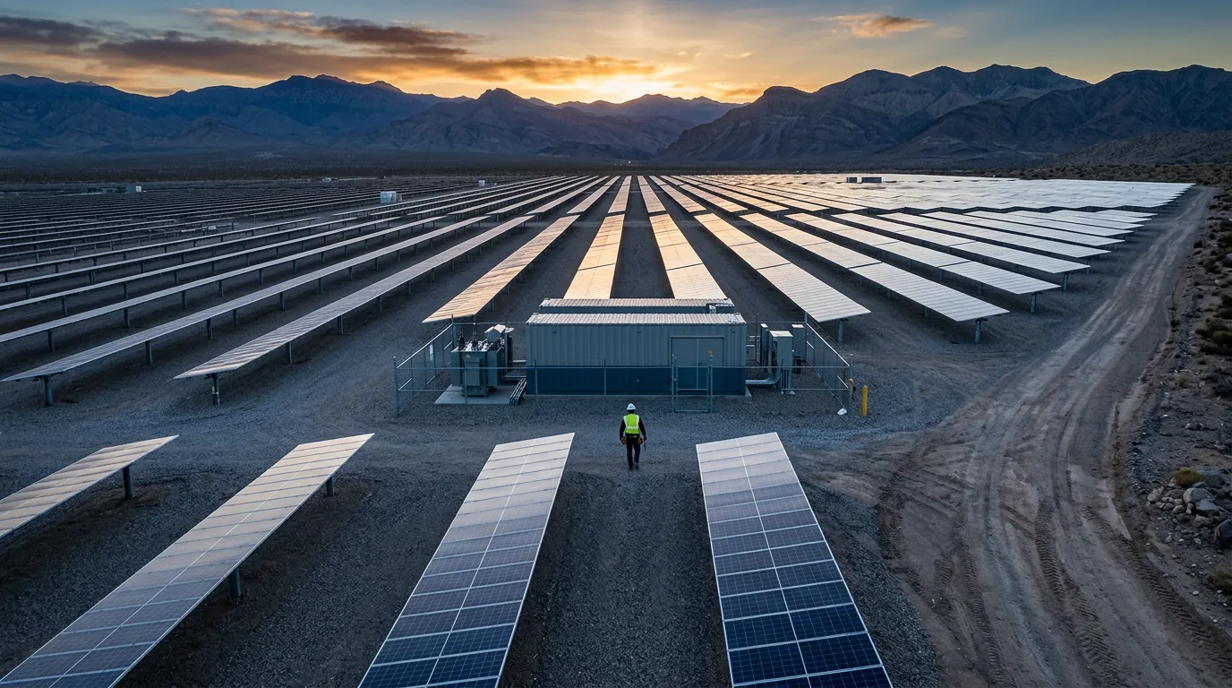 Usina solar com fileiras de painéis fotovoltaicos e estação de inversores ao amanhecer