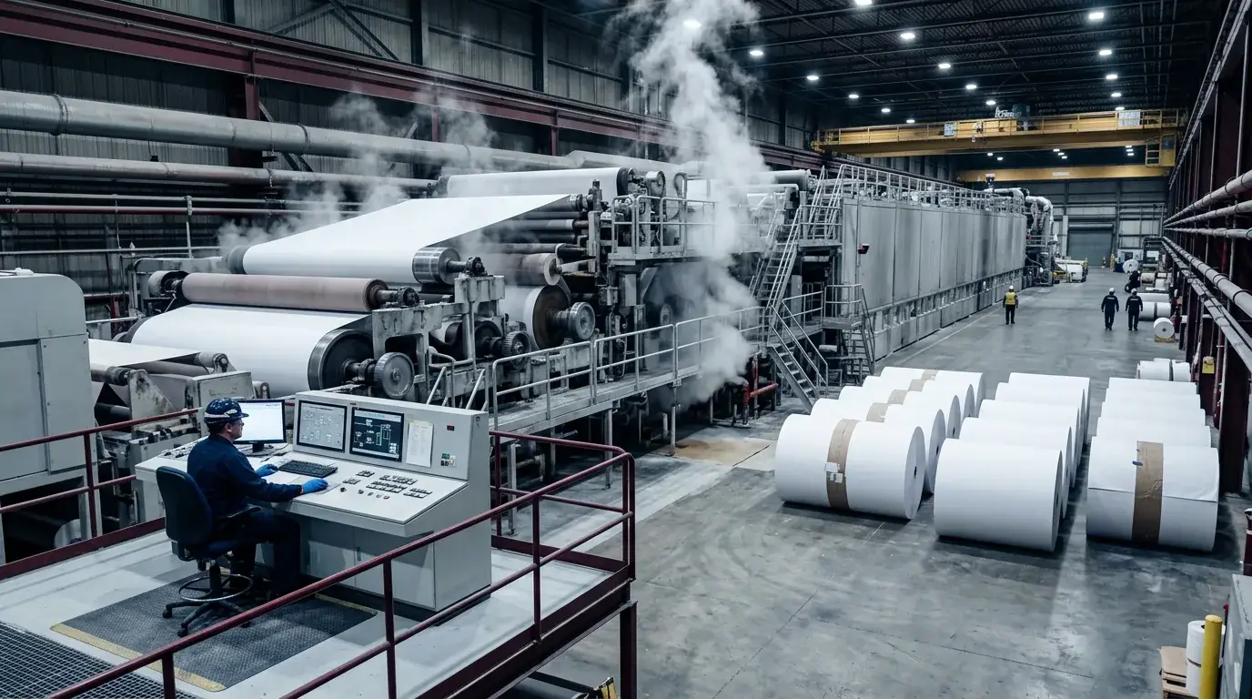 Máquina de papel em fábrica de celulose, com bobinas de papel branco e posto de operação