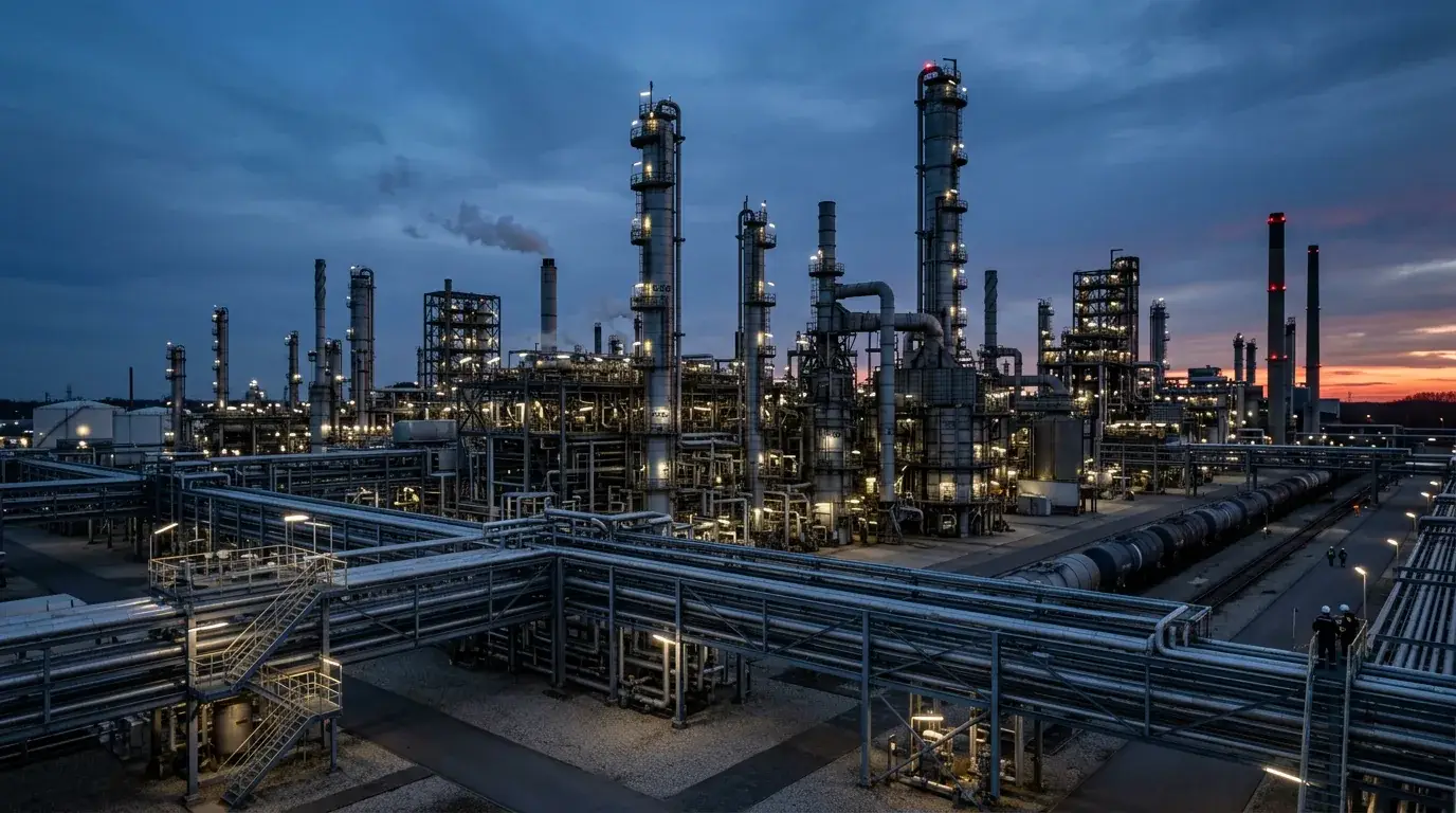 Planta petroquímica ao entardecer, com torres de destilação e tubulações iluminadas