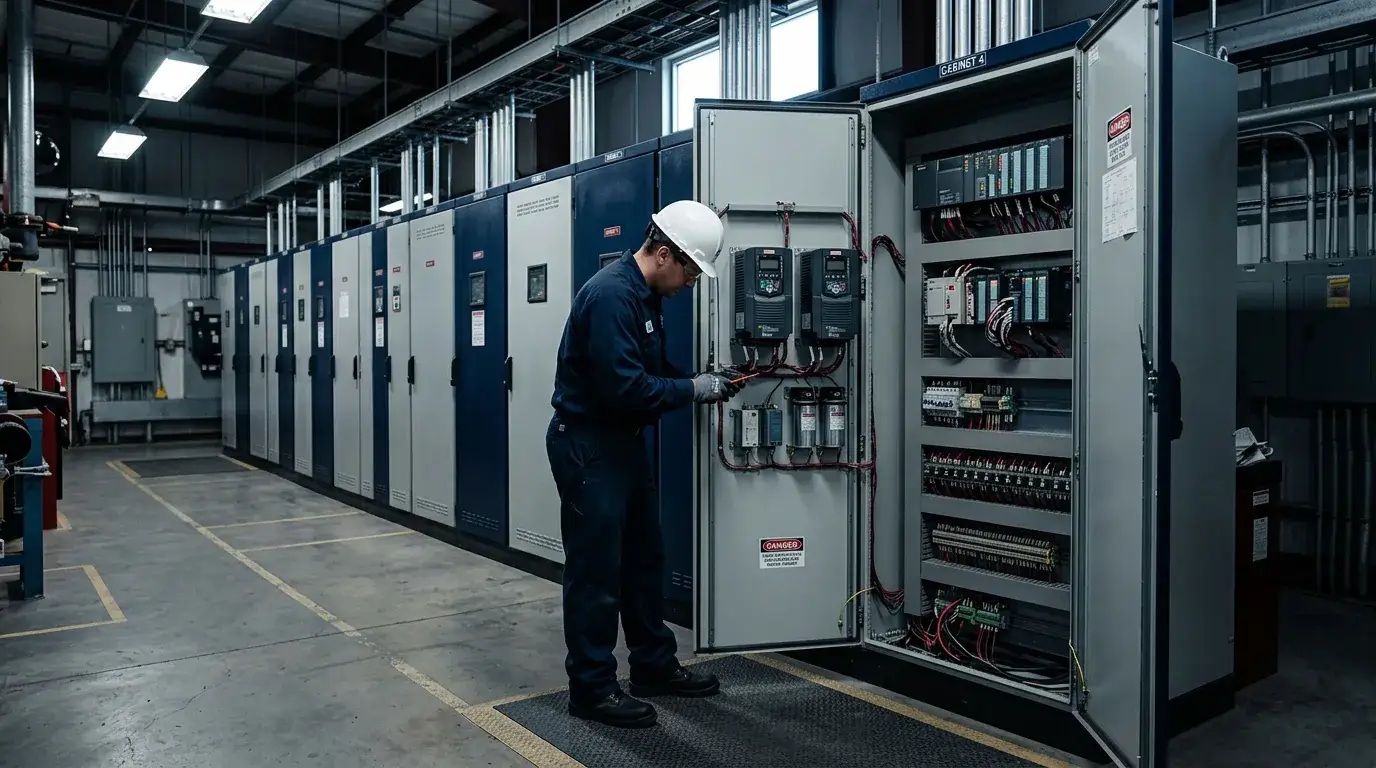 Técnico de capacete inspecionando painel de comando de motores com inversores e CLP em sala elétrica