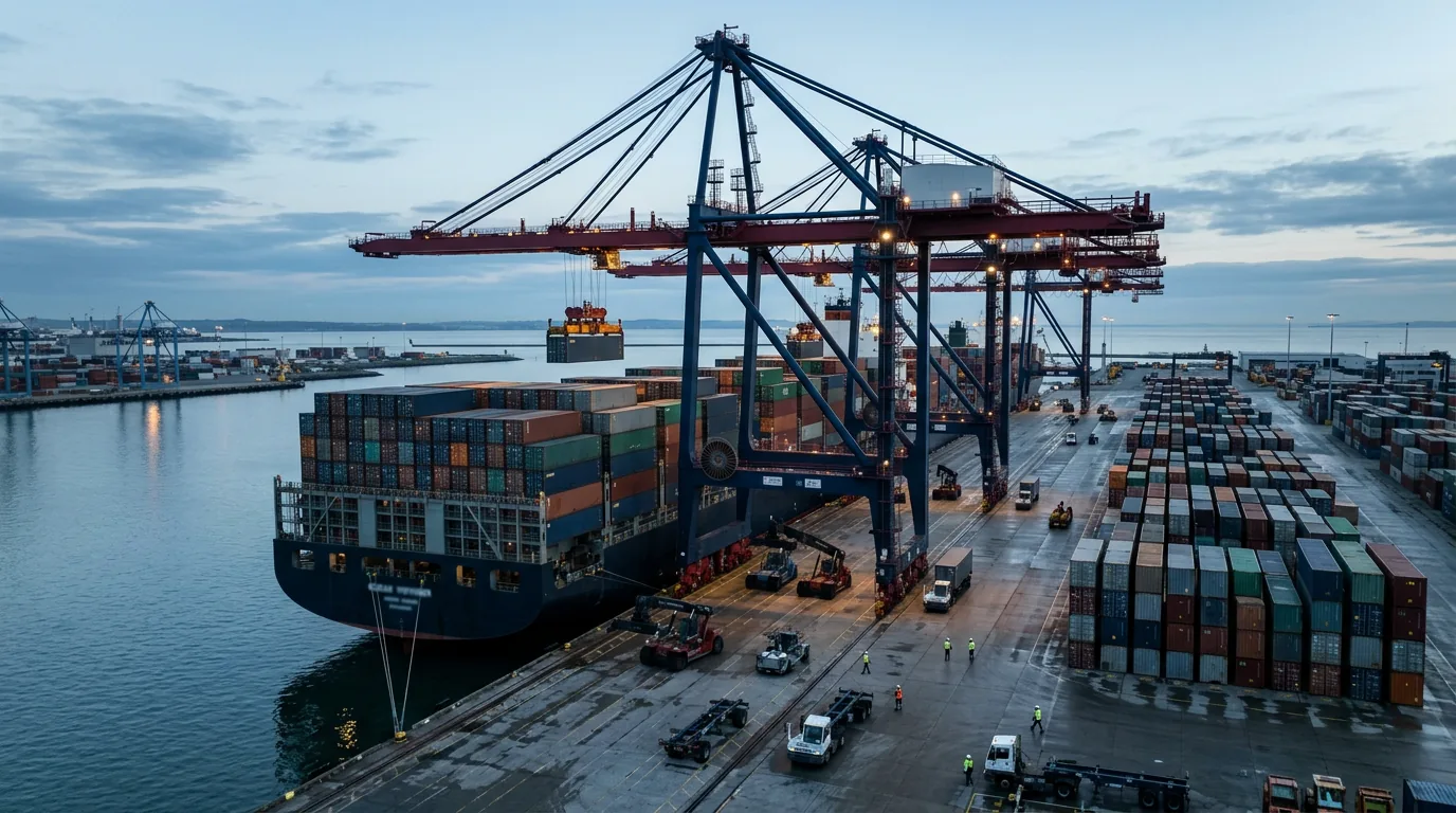 Terminal de contêineres com guindastes carregando um navio cargueiro ao amanhecer
