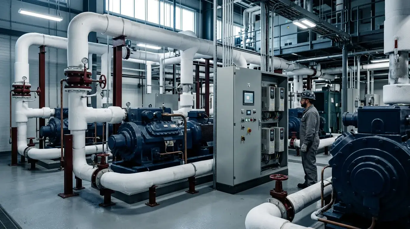 Casa de máquinas de refrigeração industrial, com compressores, tubulação isolada e painel de inversores