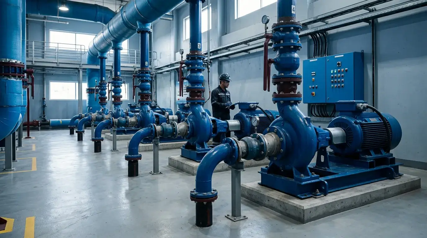 Estação de bombeamento de tratamento de água, com bombas e motores elétricos azuis
