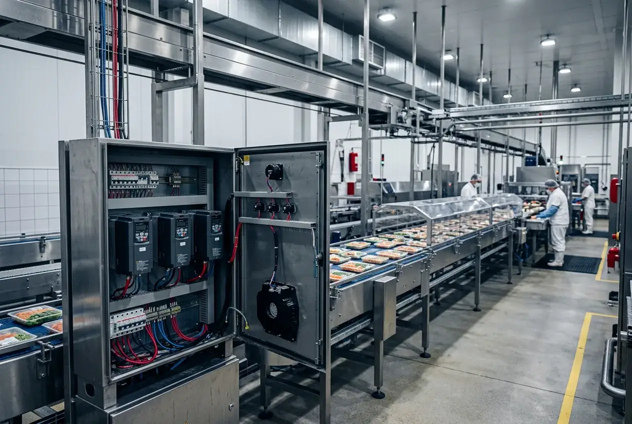 Linha de produção de alimentos em aço inox, com painel elétrico de inversores de frequência aberto